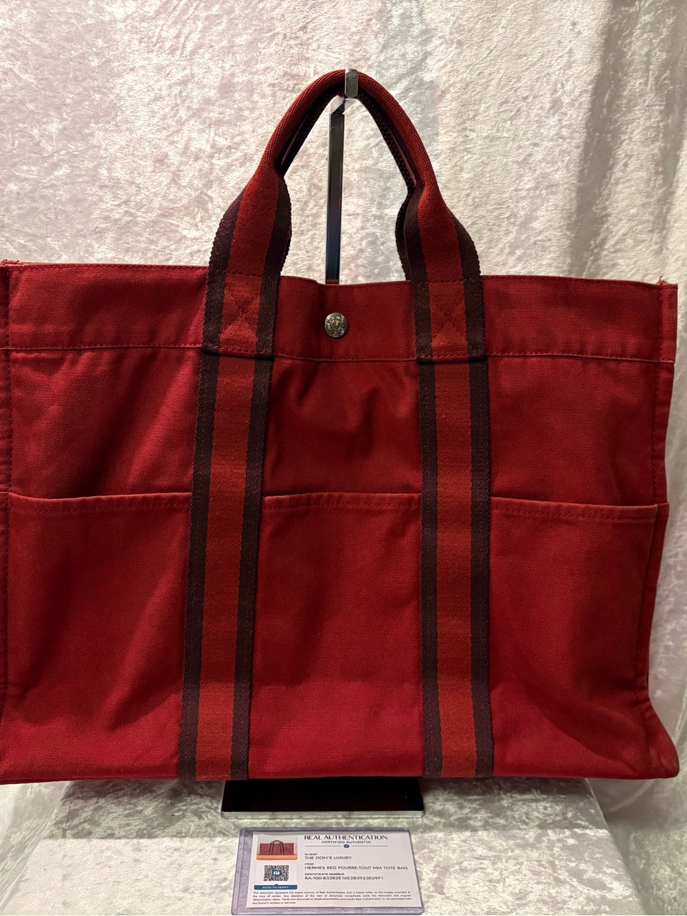 Hermès Fourre-Tout Canvas Large Tote Bag Red brown stripe COA